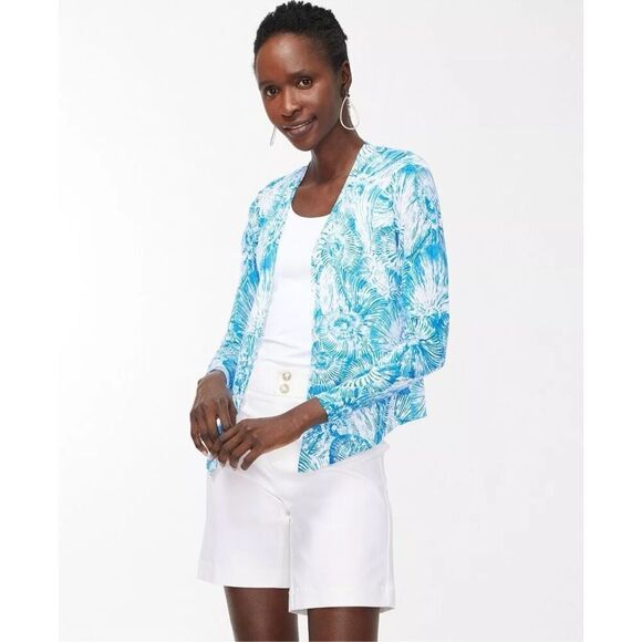 Chico's Womens Seashell Swirl Open Front Cardigan Sweater Poolside Blue Sz 4 NWT - Picture 1 of 9